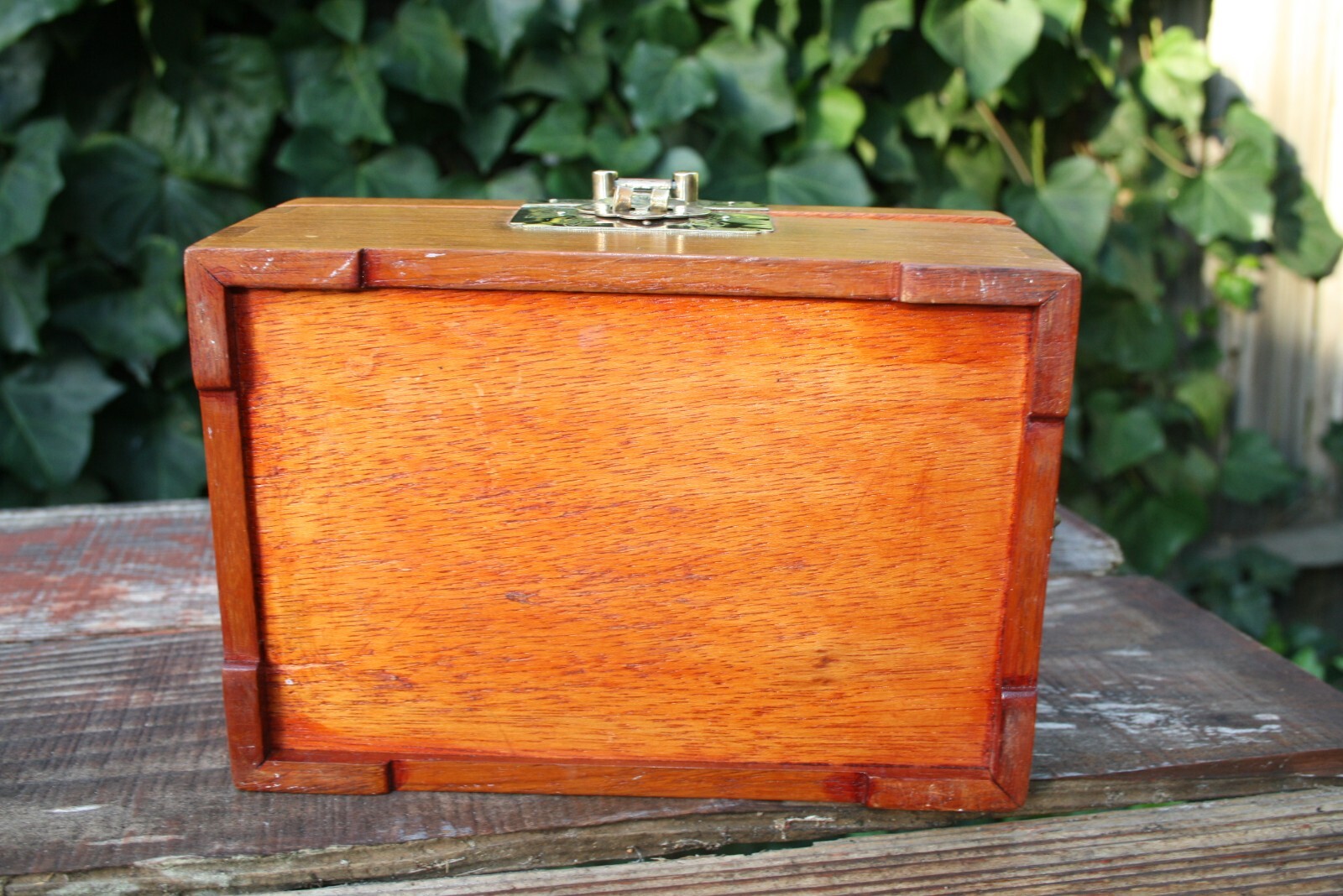Vintage Chinese Wood & Brass Jewelry Box with Gold Silk Lining Dovetailed