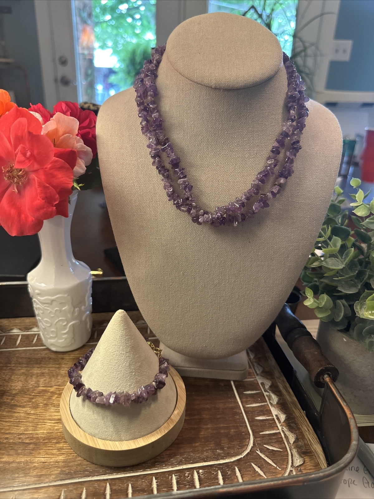 Beautiful Presidium Tested Genuine Amethyst Chip Necklace & Bracelet Set