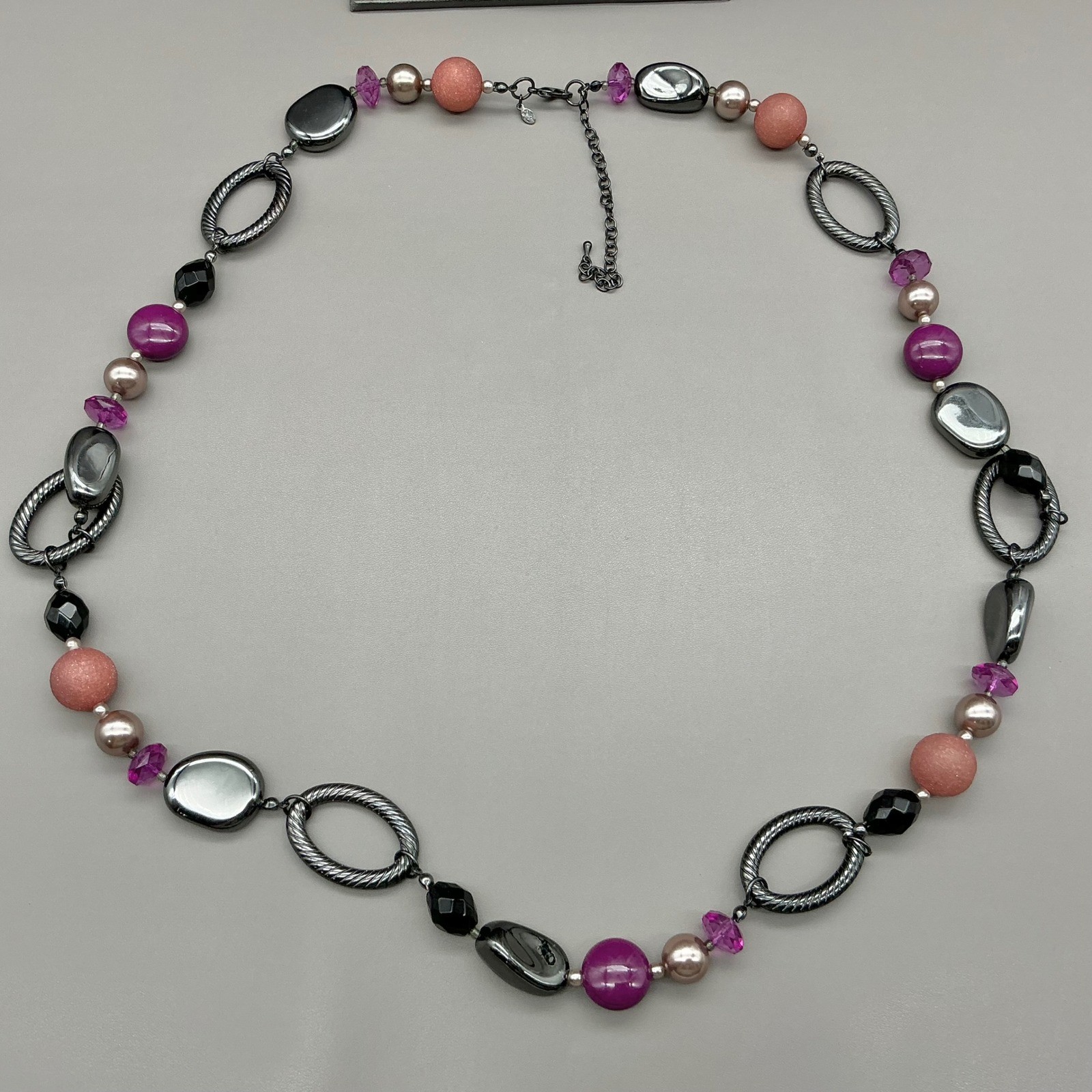 Premier Designs Necklace Purple Beaded Gunmetal Tone Twisted Link Long 26 Inch