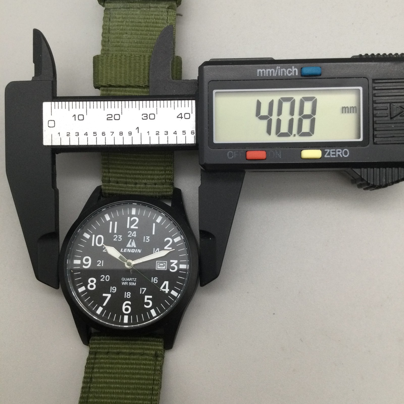 Lenqin Watch Mens 40mm Black Case Olive Green Nylon Band Date WR 50M