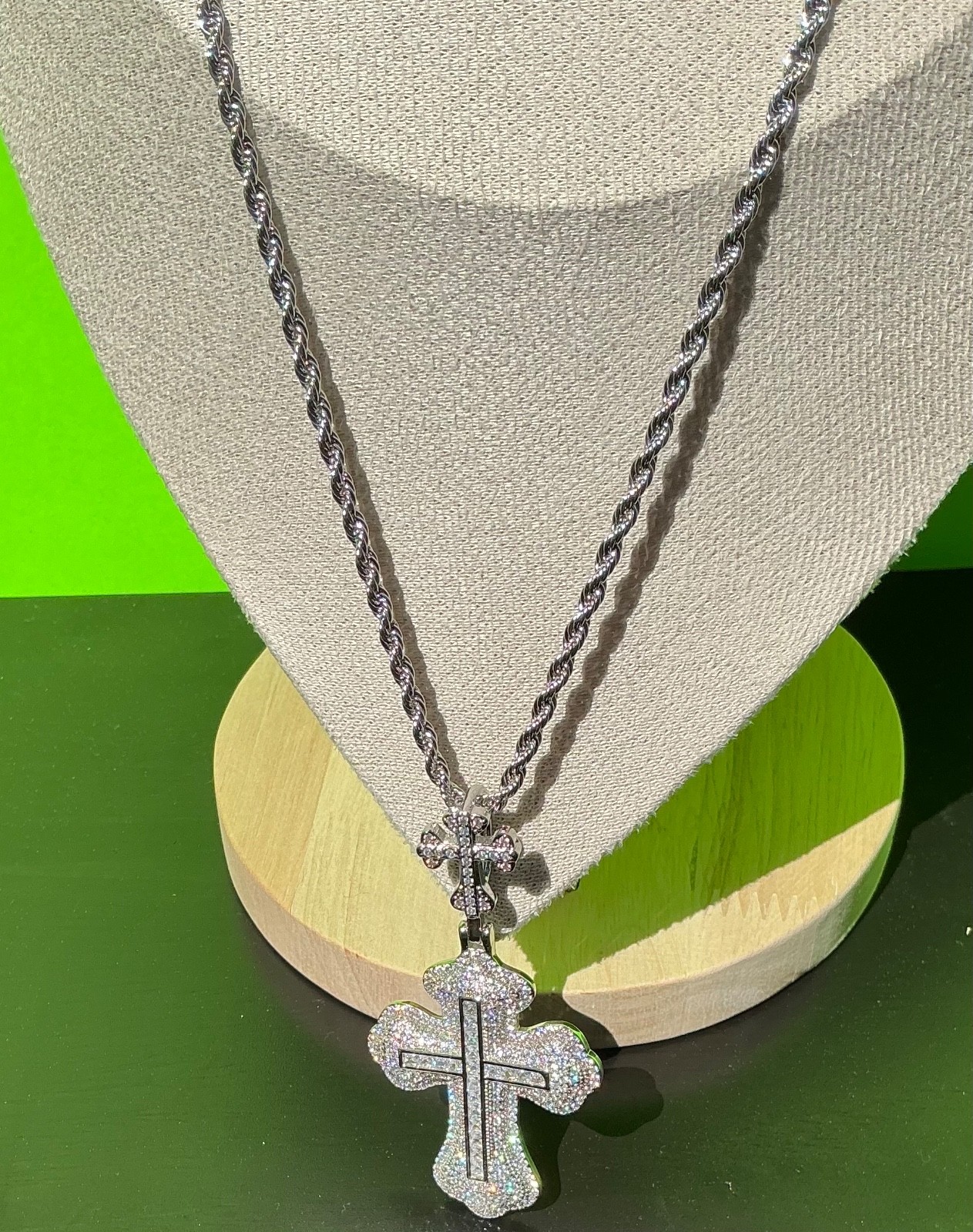 New Men Women White Gold Tone Cross CZ Chain Necklace Hip Hop Rap Fire Bling