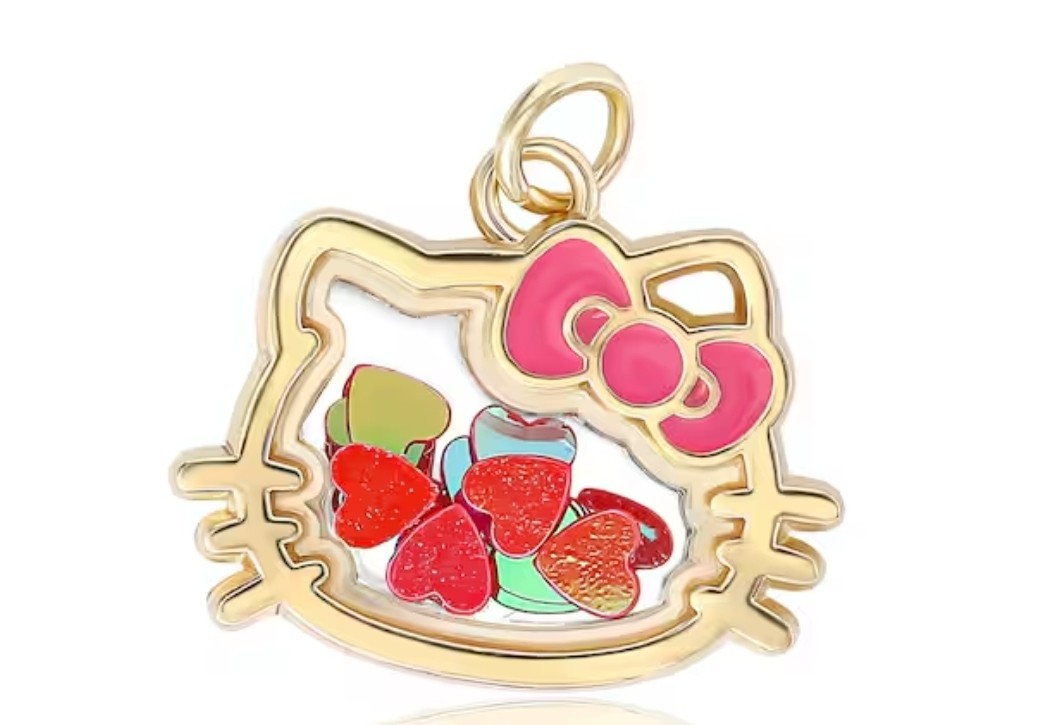 SANRIO HELLO KITTY GOLD TONE HEART CONFETTI SHAKING GLASS PENDANT CHARM