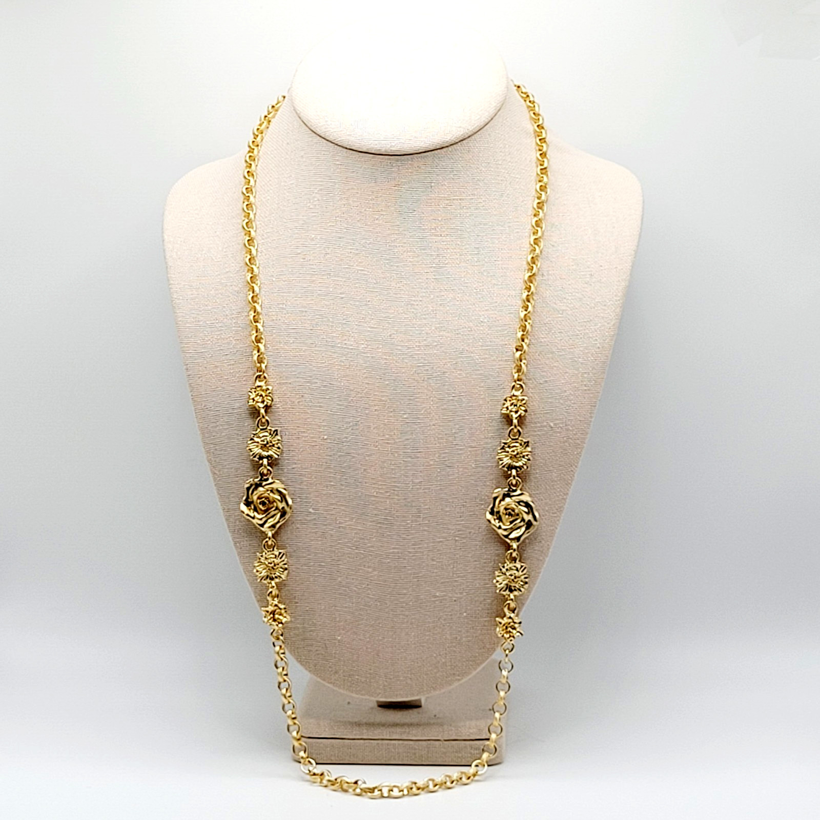 Unique Rose Floral Station Style Bright Gold Tone Sautoir Vintage Necklace Korea