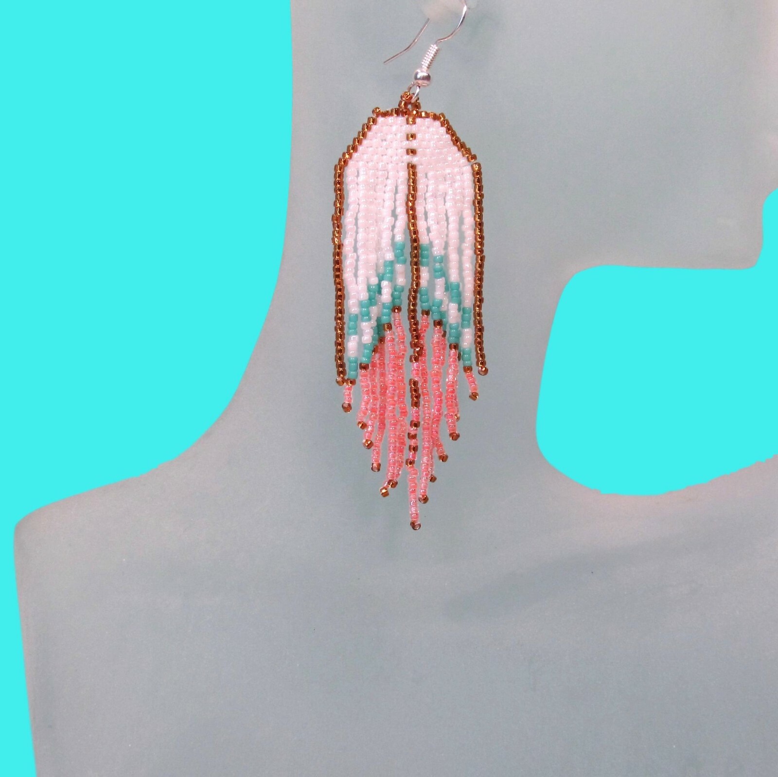 3″ LONG Handmade Coral Pink Aqua Color Chandelier Boho Dangle Seed Bead Earrings