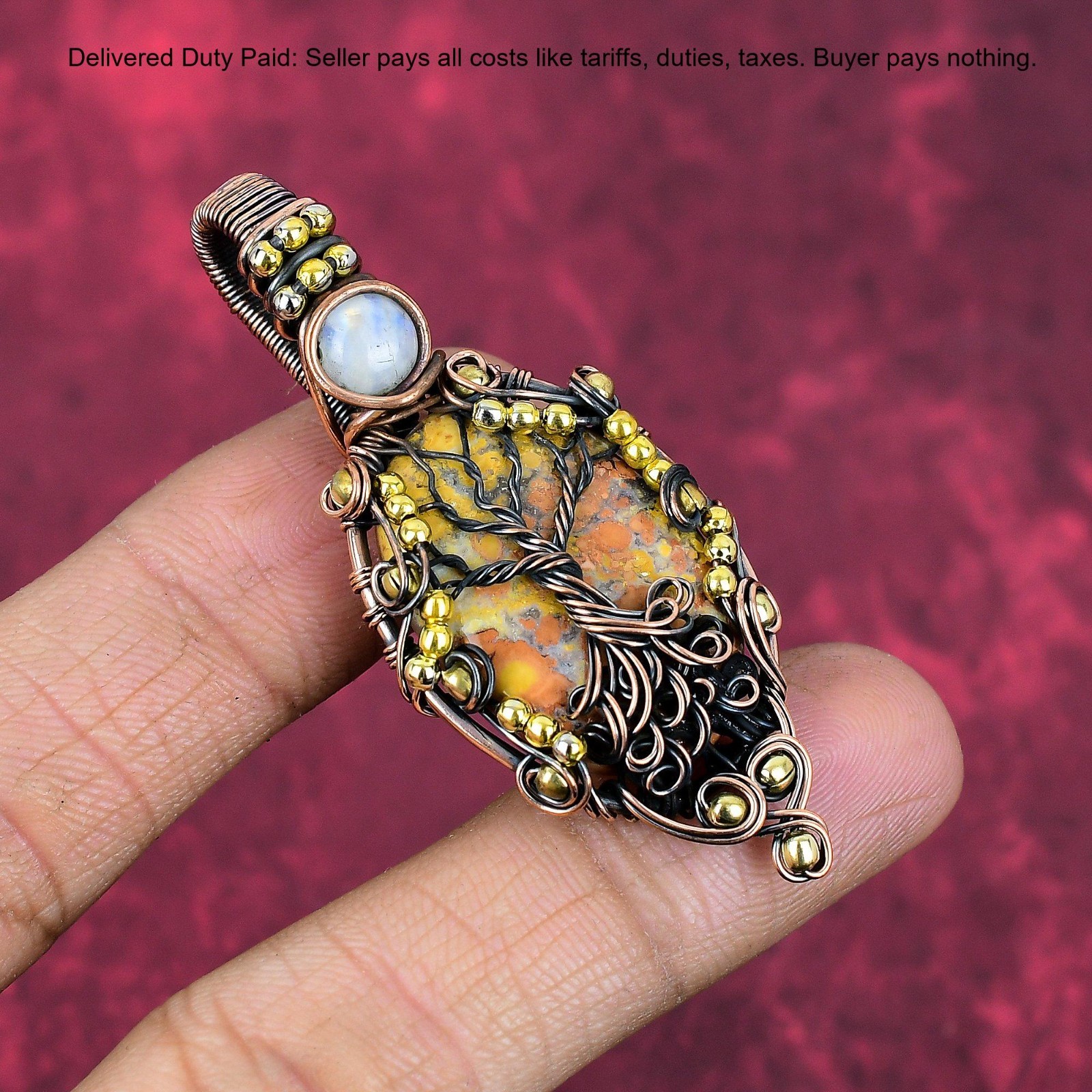 Tree Of Life Maligano Jasper Pendant Copper Wire Wrap Rainbow Moonstone Jewelry