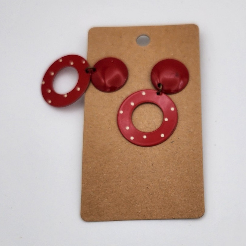 Red Polka Dot Circle Dangle Earrings Retro Mod Statement Costume Jewelry