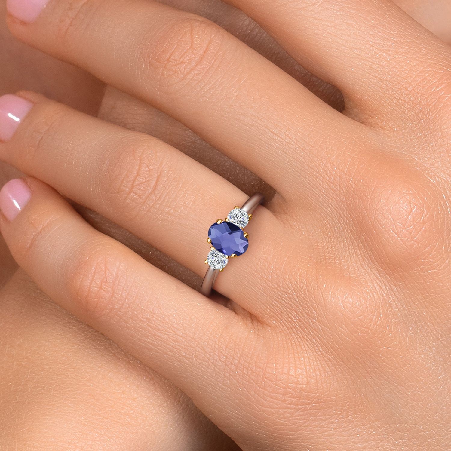 925 Silver and 10K Yellow Gold Blue Iolite and Lab Grown Diamond Engagement