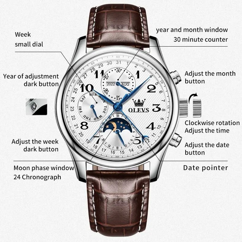 OLEVS Automatic Mechanical Watch Men’s Moon Phase Waterproof Leather Men Strap