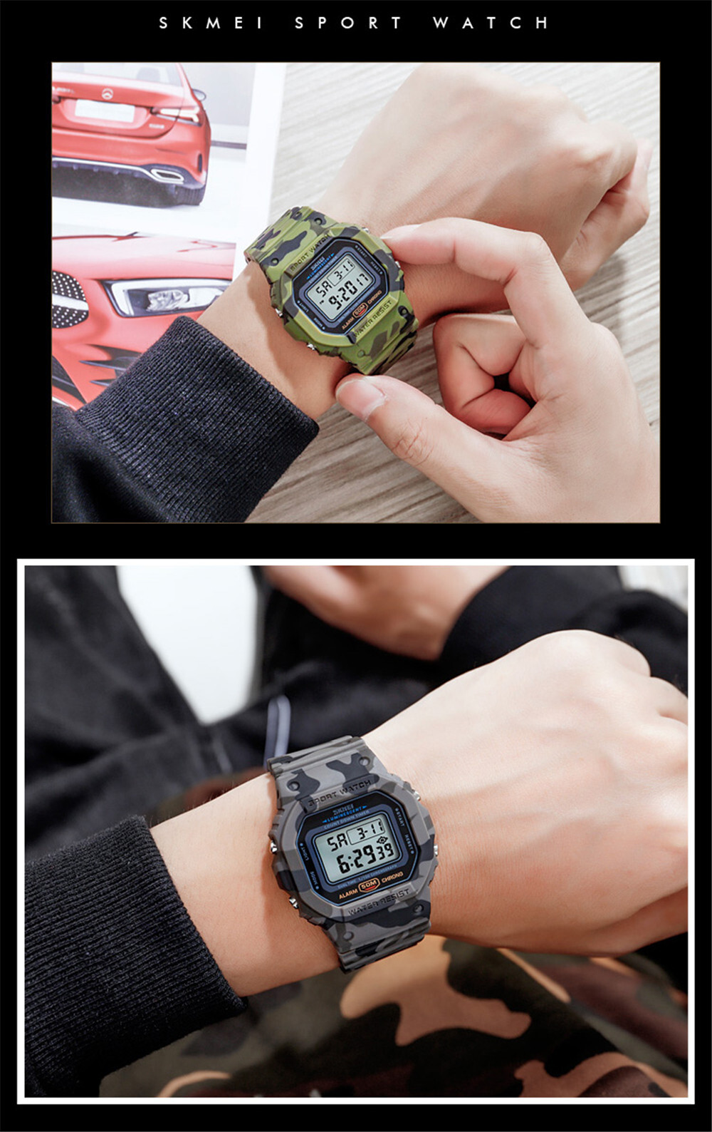 SKMEI Men Sport Watch Rectangle Digital Wristwatch Countdown Electronic Watches
