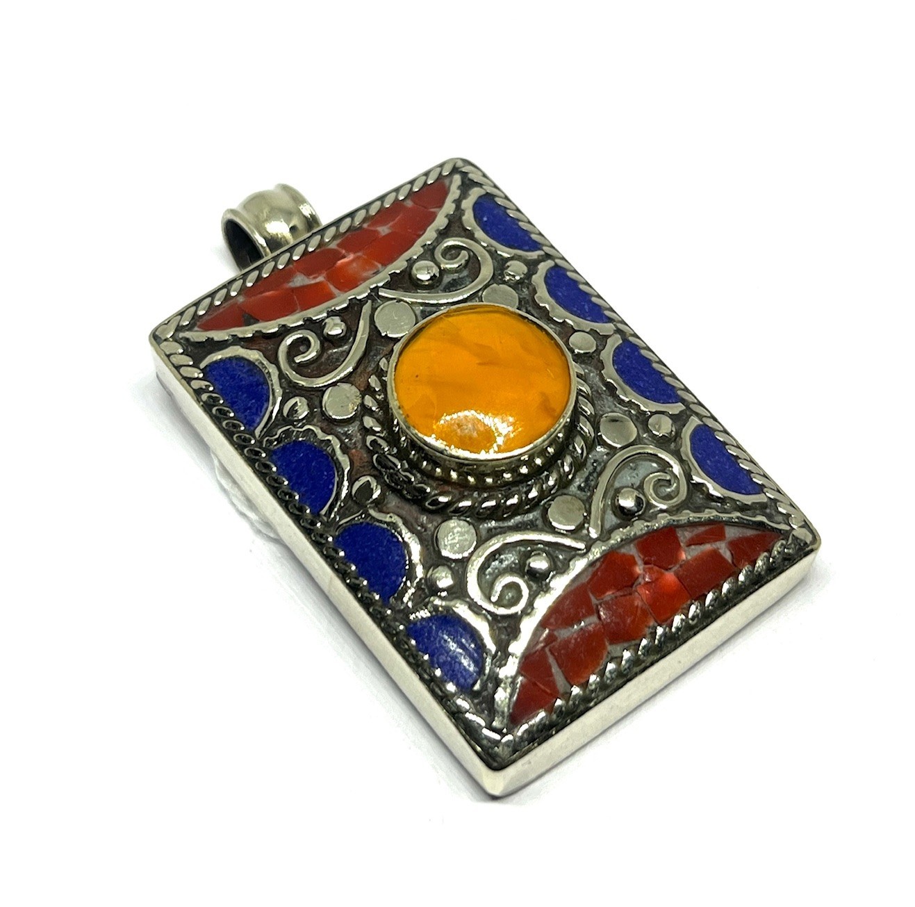 Ethnic Lapis Amber Gemstone Tibetan Traditional Pendant Jewelry, 2.0 inch