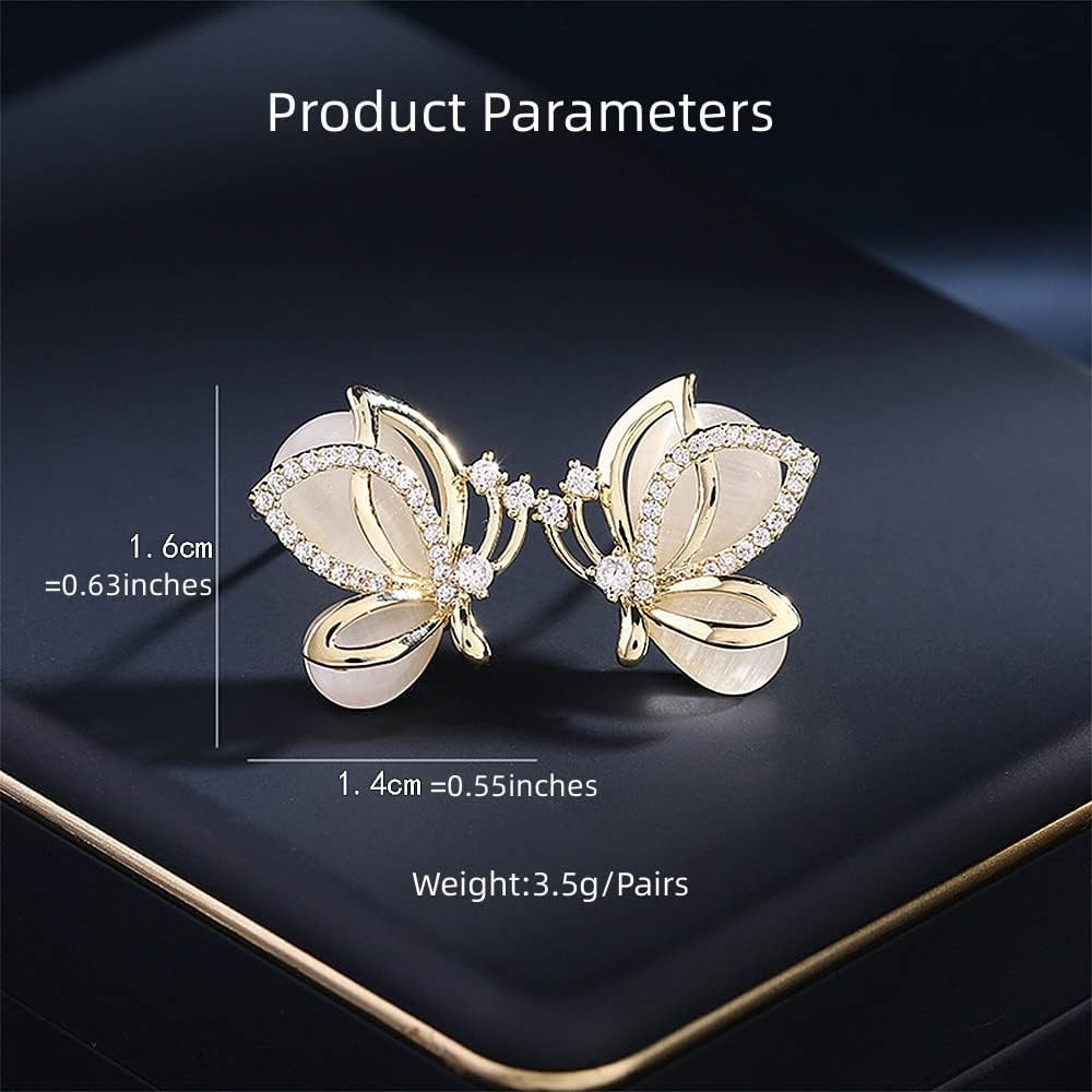Elegant CZ Butterfly Earrings Crystal Cat’S Eye Stud for Women Gold-Tone 925 Ste