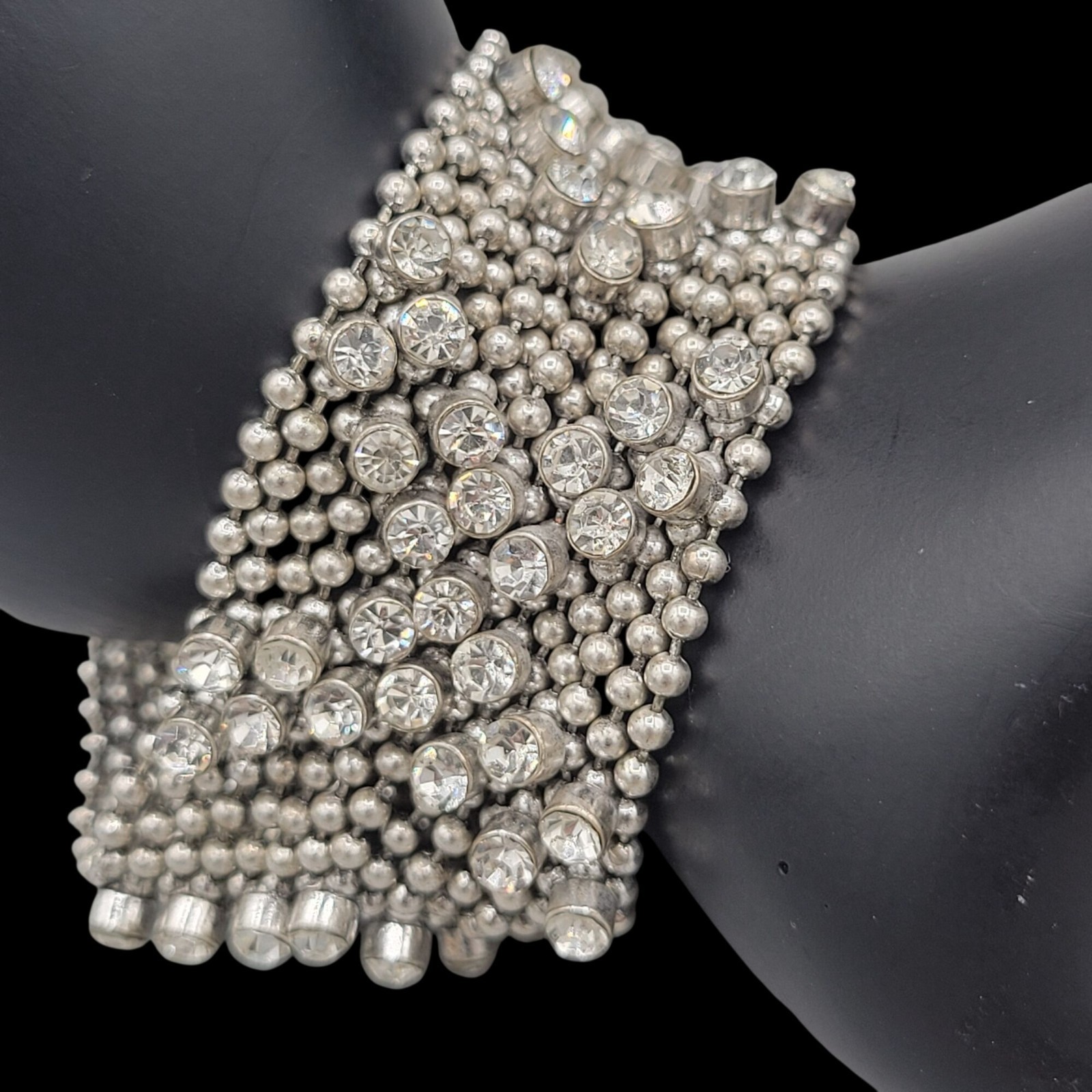 Liquid Metal Mesh Bracelet Silver With Cubic Zirconia Stones Adjustable Snaps
