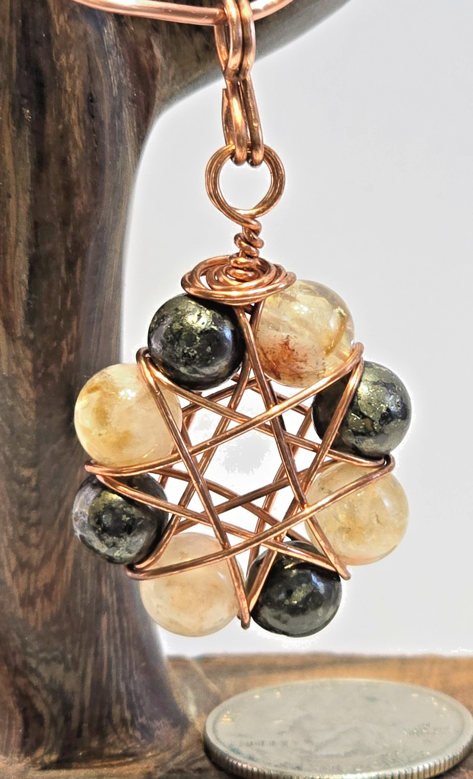 Copper Wire Wrapped 8-Point Star Pendant with8mm Citrine & Pyrite Gemstone Beads