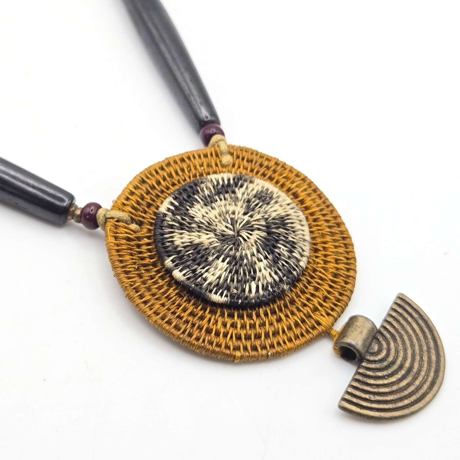 Artisan Woven Raffia Pendant Necklace Boho Tribal Mixed Media Brass Bovine Bone