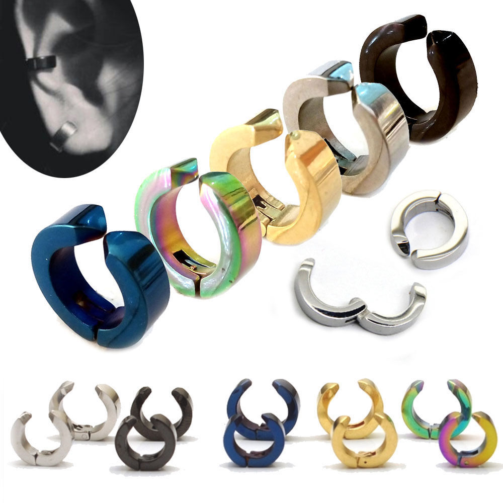 Non-Piercing Clip On Fake Mens Boy Ear Stud Cuff Hoop Earrings Stainless Steel