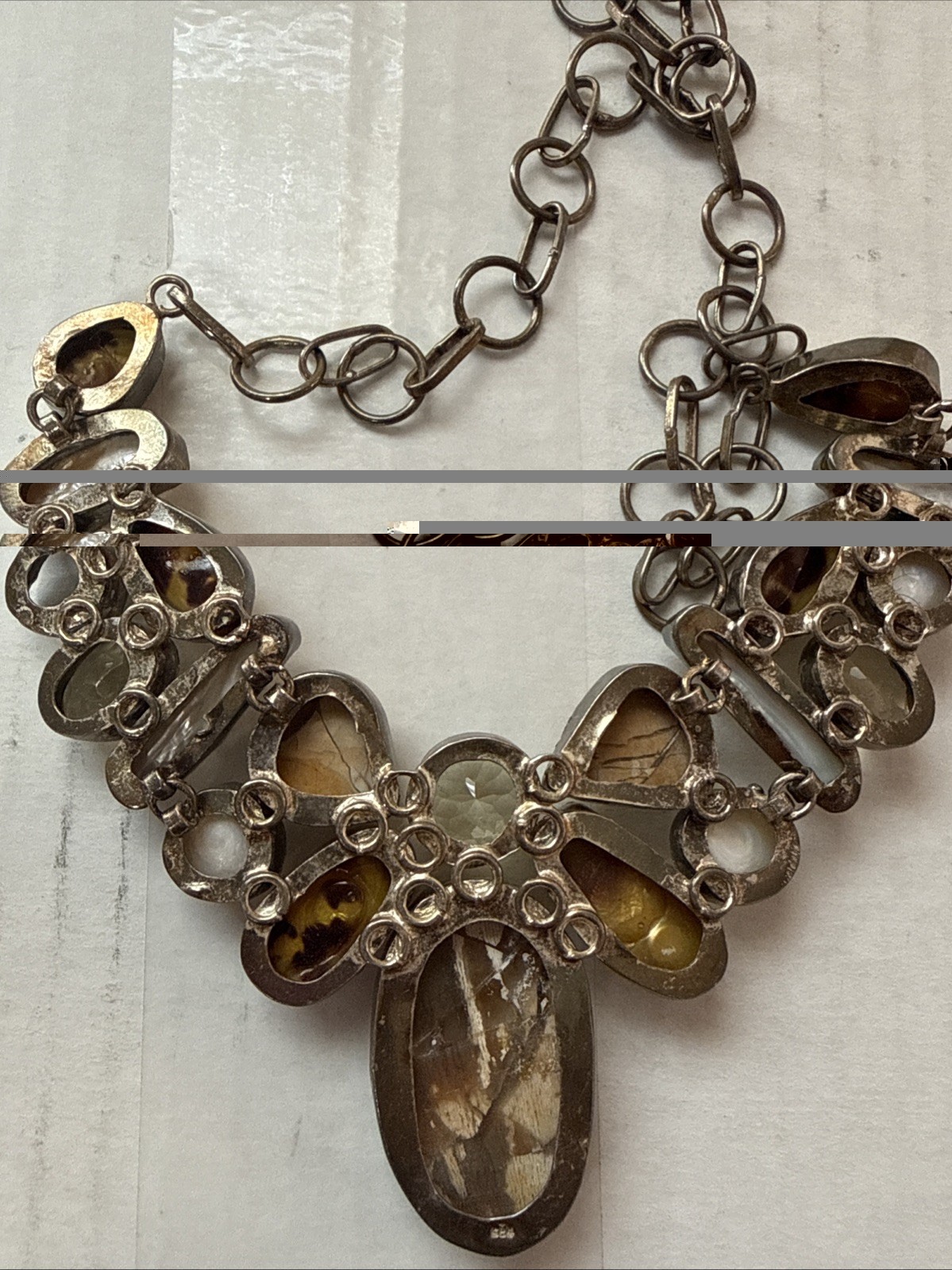 Vintage 925 Sterling Silver Multi Gemstone Biwa Pearl Jasper Collar NecklaceBoho