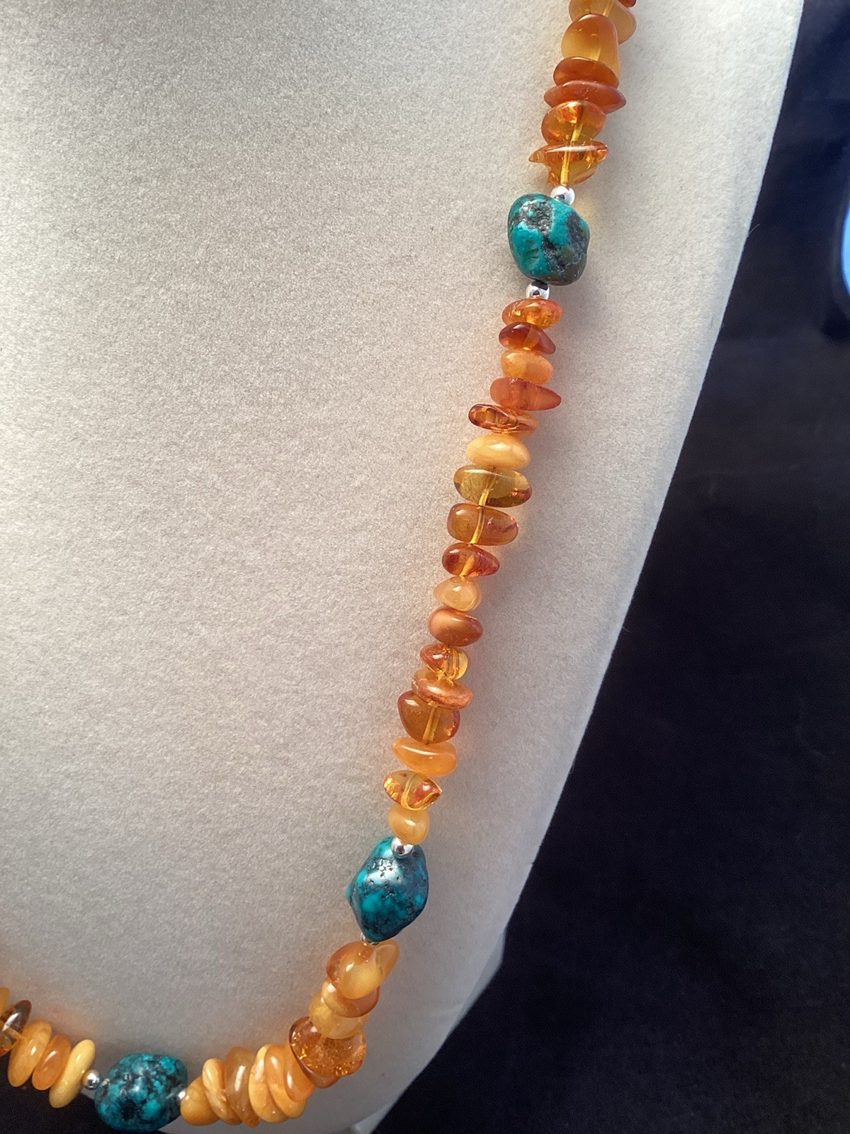 Sterling Silver Amber And Turquoise Pebble Chip Necklace 21.5-22”