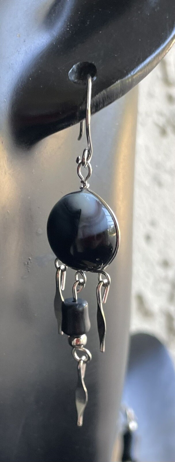 Peruvian Black White Swirl Glass Necklace Black Glass Earrings Set Hand-crafted