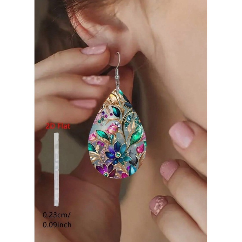 Floral Teardrop Dangle Earrings Multi Color Botanical Silver Tone Hook New