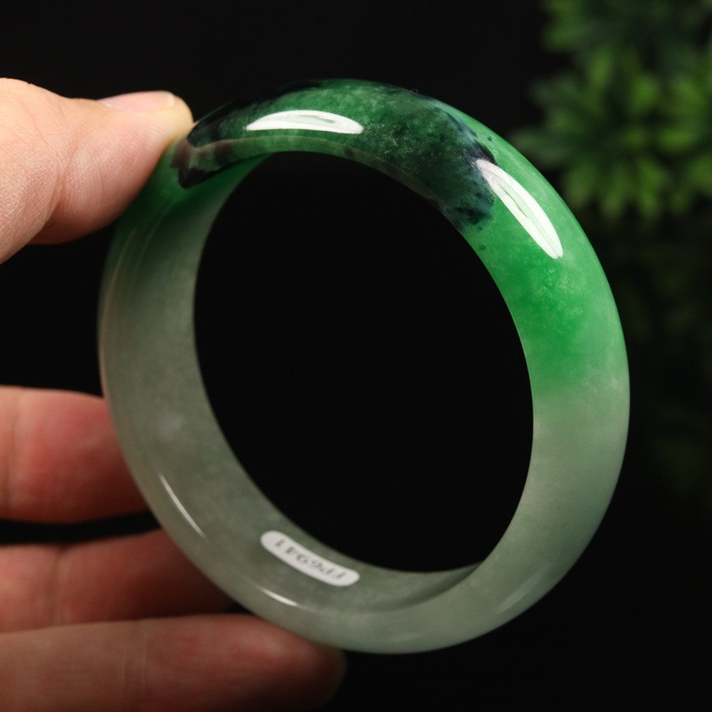 61mm Black Emerald Green Jadeite Jade Bangle Bracelet Burma Jade Bangle A-13935