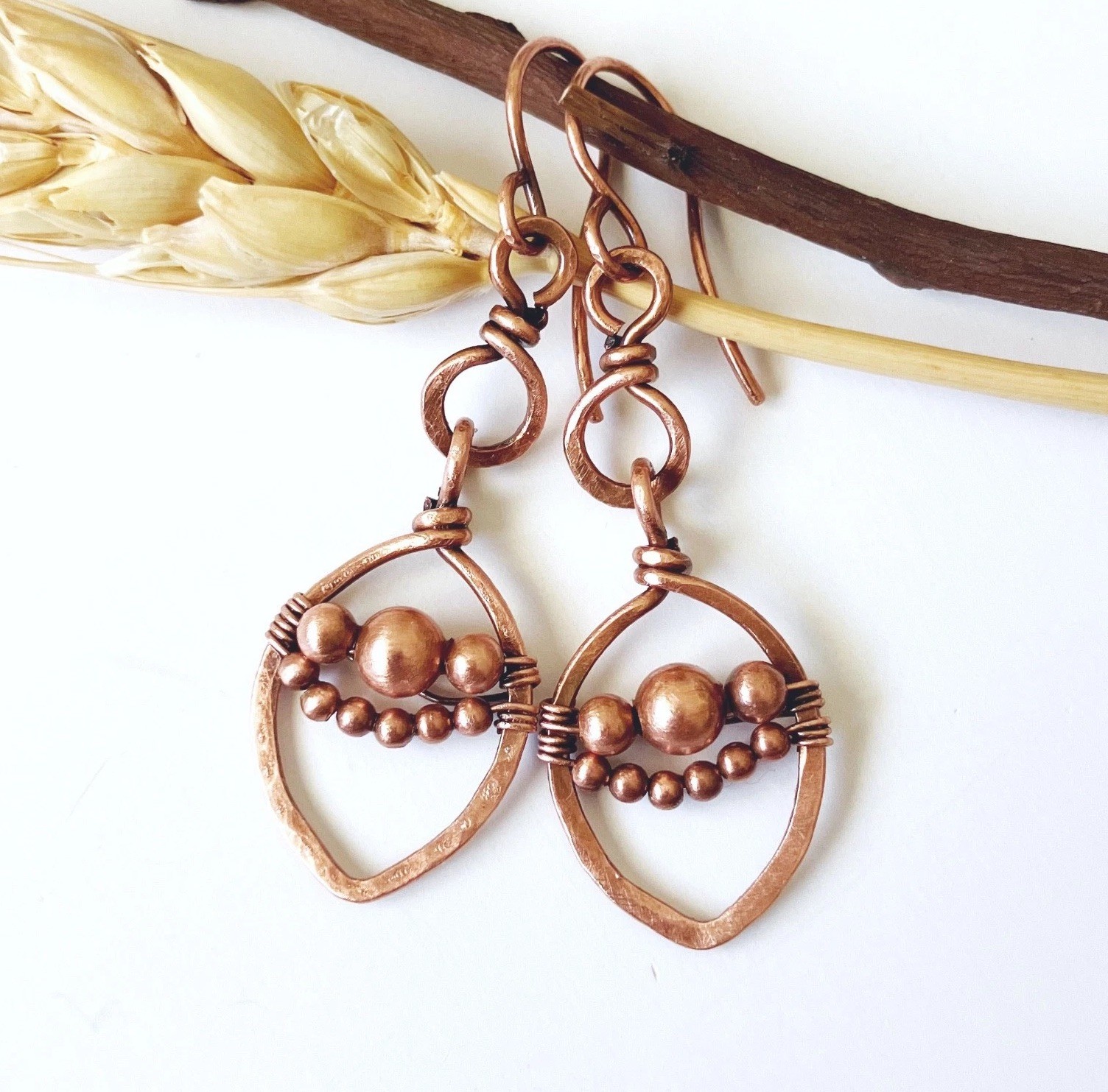 Beaded Wire Wrapped Boho Dangle Earrings Leaf Solid Copper Unique Handcrafted
