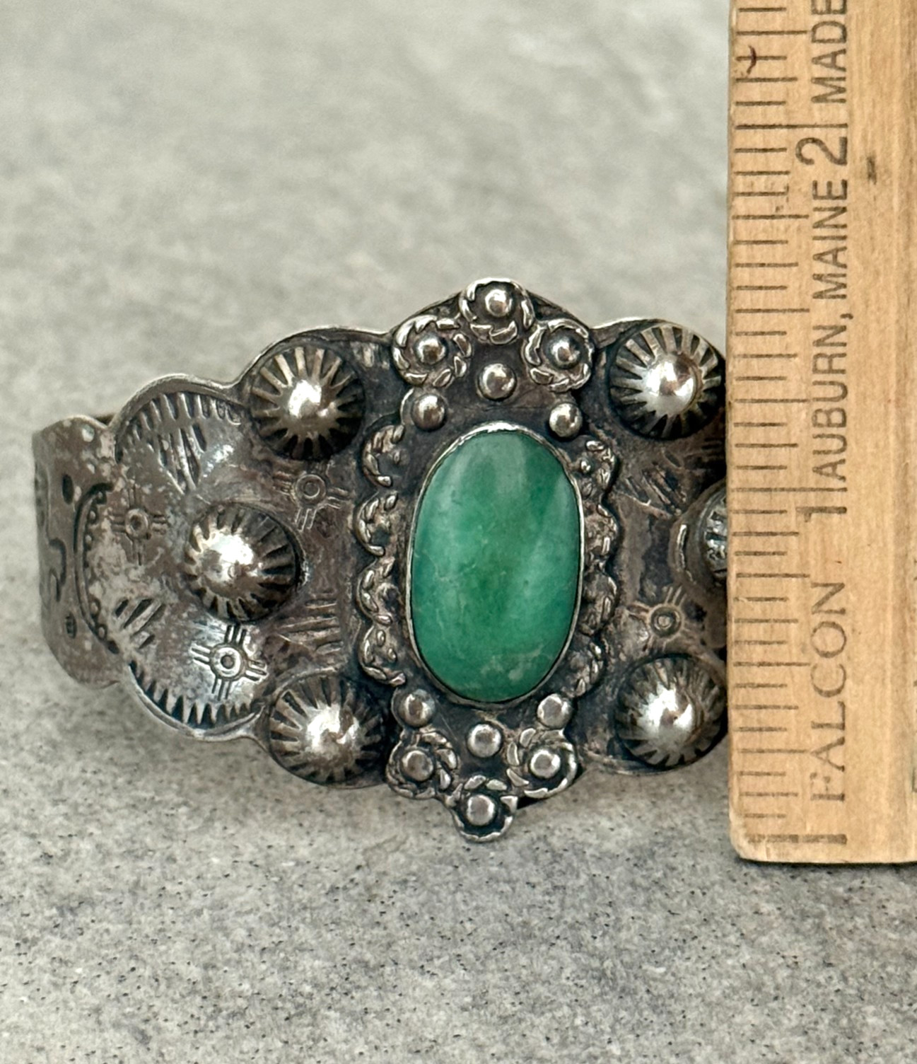OLD FRED HARVEY era Navajo THUNDERBIRD Turquoise Sterling Bracelet 37+g 7.1 in