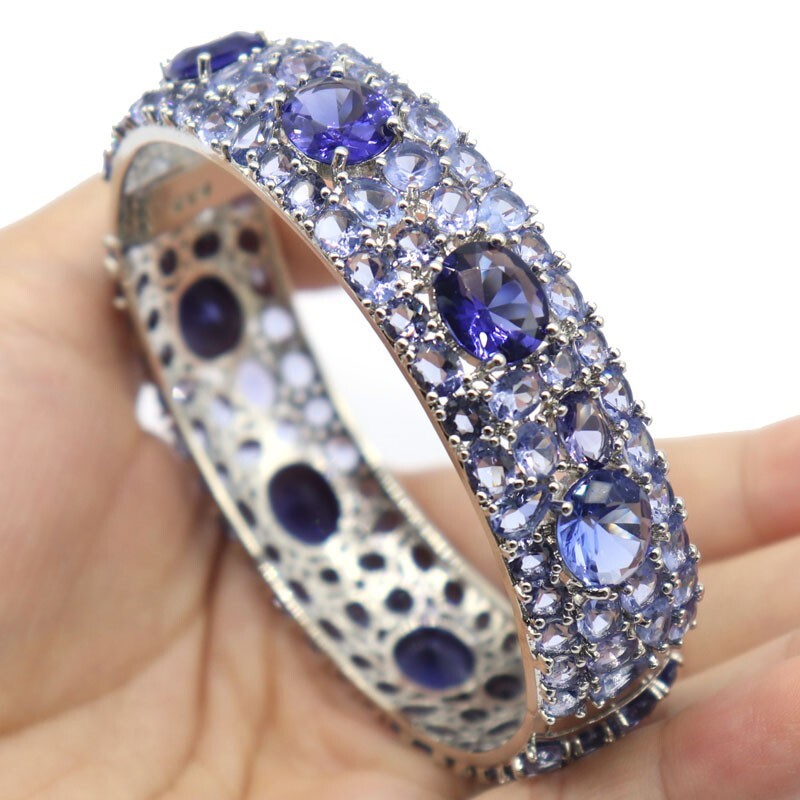 SheCrown 43g New Stone Iolite Women Dating Silver Bangle Bracelet 7.5″