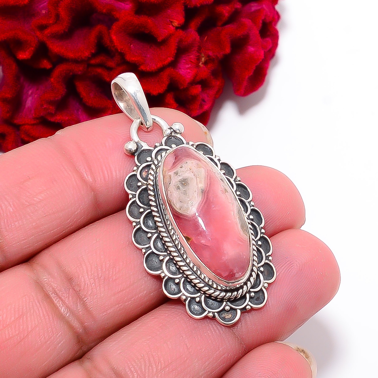 Rhodochrosite – Argentina Handmade 925 Sterling Silver Pendant 1.87″ P99916