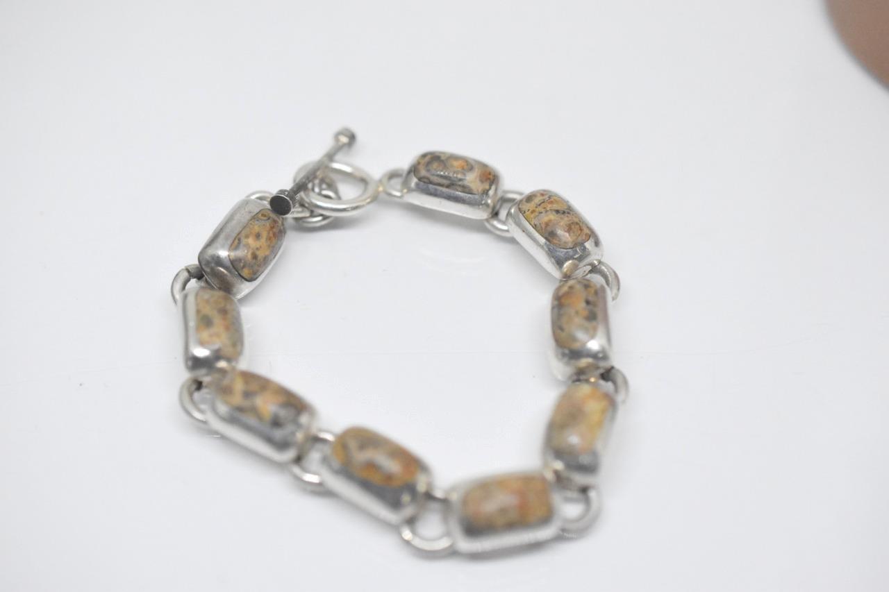 Women’s Mexico Inlaid Jasper Stone Rectangle 9.2MM Link Sterling Silver Bracelet