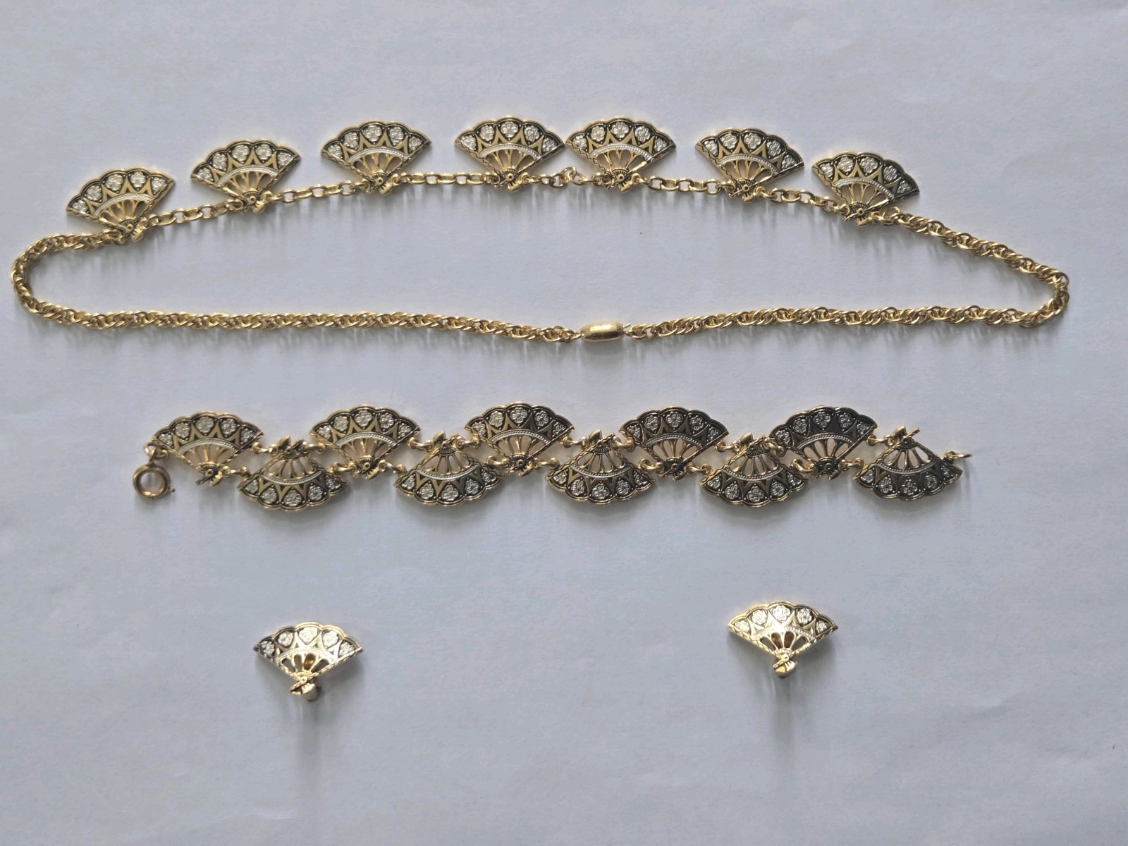 Spanish Toledo Damascene Jewelry Set 24K Inlay Fan Necklace, Bracelet & Earrings