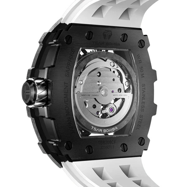 TSAR BOMBA Mens Automatic Watch Carbon Fiber Skeleton Tonneau Sapphire White Str