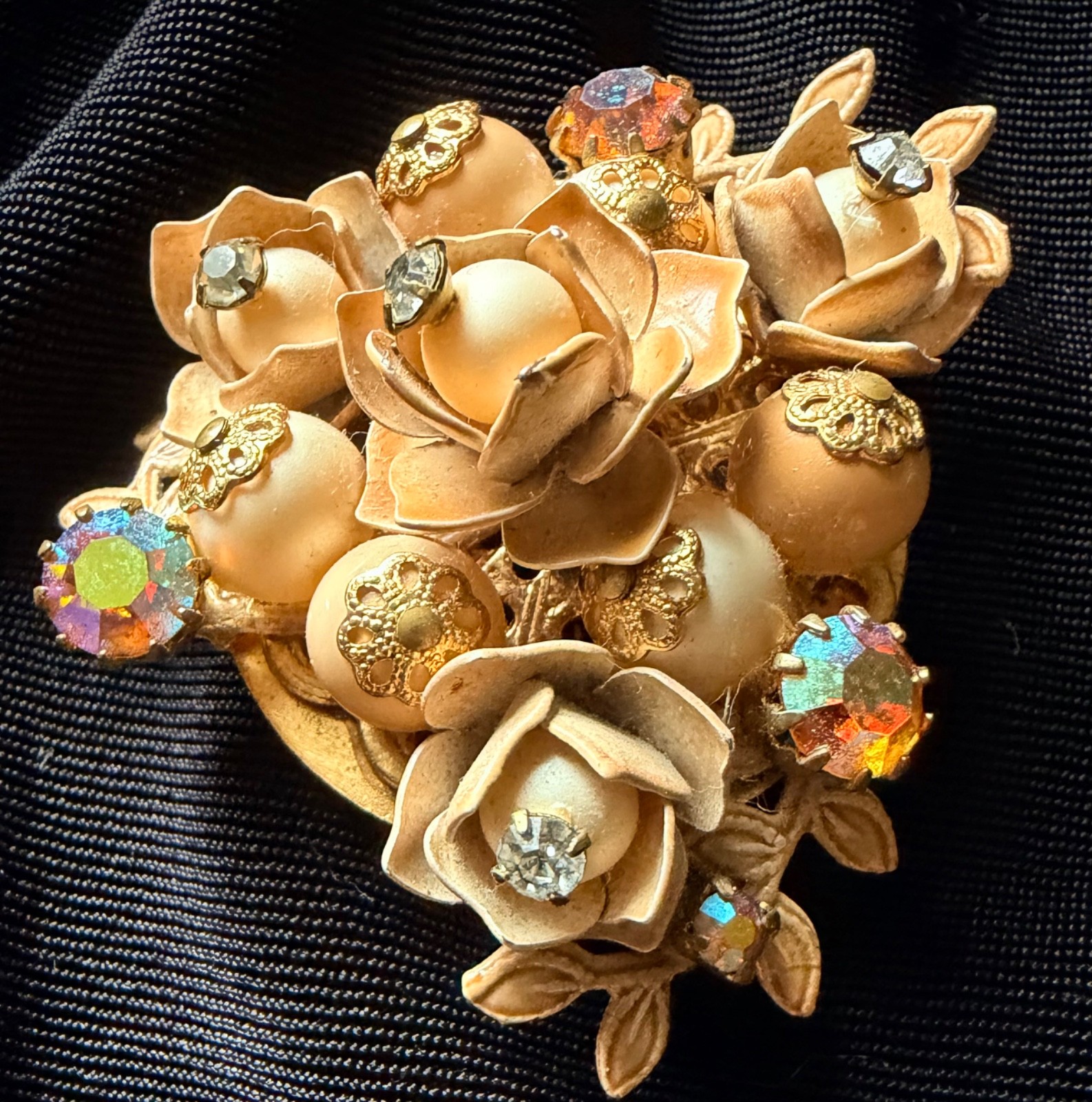 Unsigned Gold Tone Floral Brooch & Clip-On Earrings Set • Aurora/AB Rhinestones