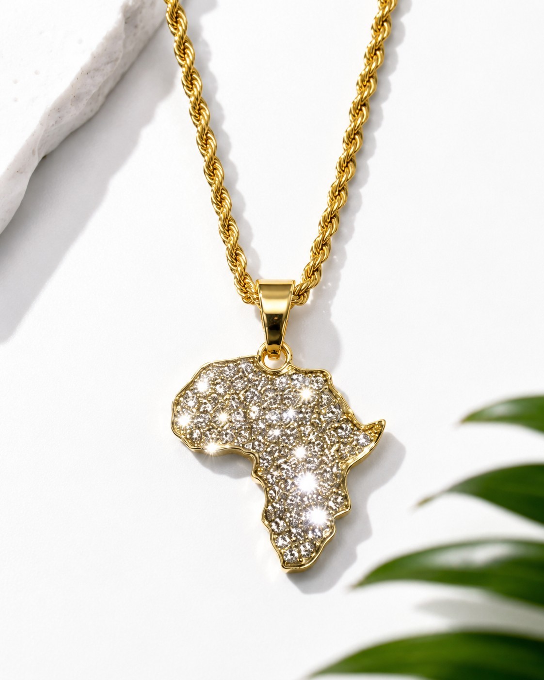 Men’s Iced Out 14k Gold Plated Africa Map Pendant 24″ Rope Chain Necklace 1126 G