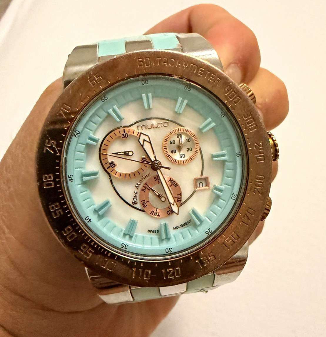 Mulco Blue Marine Quartz Chronograph Date Tachymeter 45mm Blue Silicone 50m