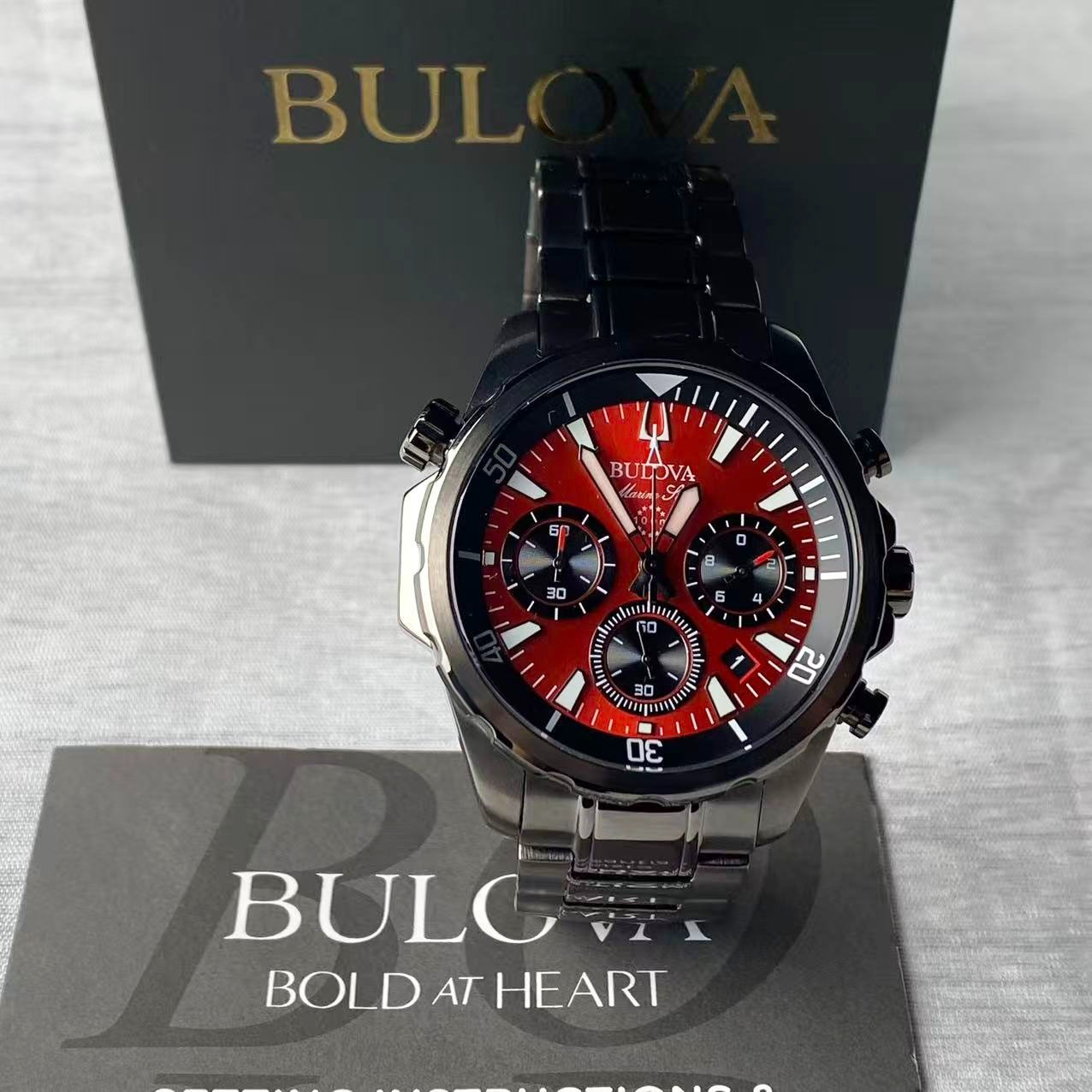 New Bulova Marine Star Men’s Chronograph Quartz Watch Red Dial 98B350 43 mm