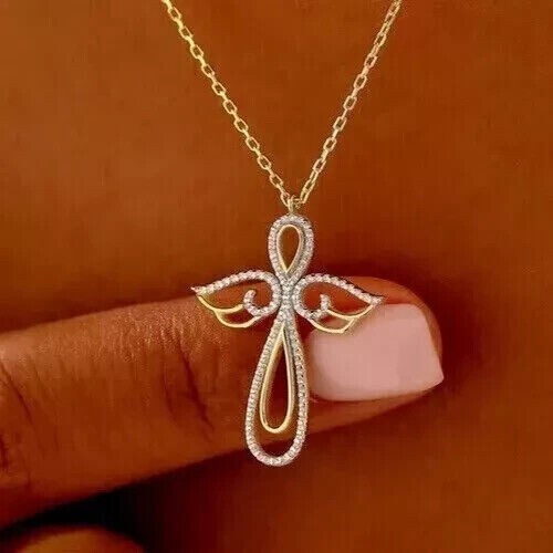 Stunning Angle Wings Pendant Round Cut Simulated Diamond 14k Yellow Gold Plated
