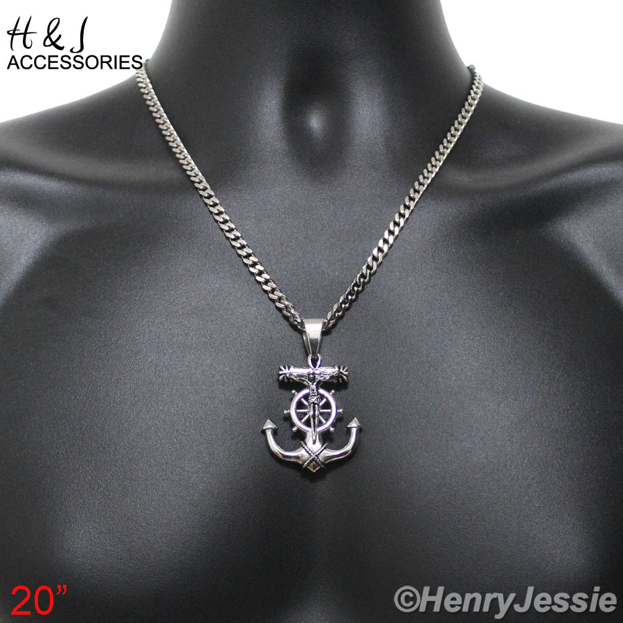20″Stainless Steel 5mm Silver Cuban Curb Chain Anchor JESUS Cross Pendant*P58