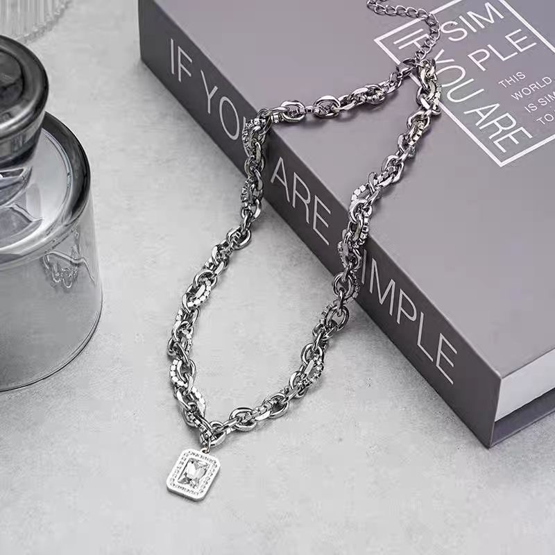 Necklace Square Zirconia Pendant Stainless Silver Unisex Street Neck Jewelry