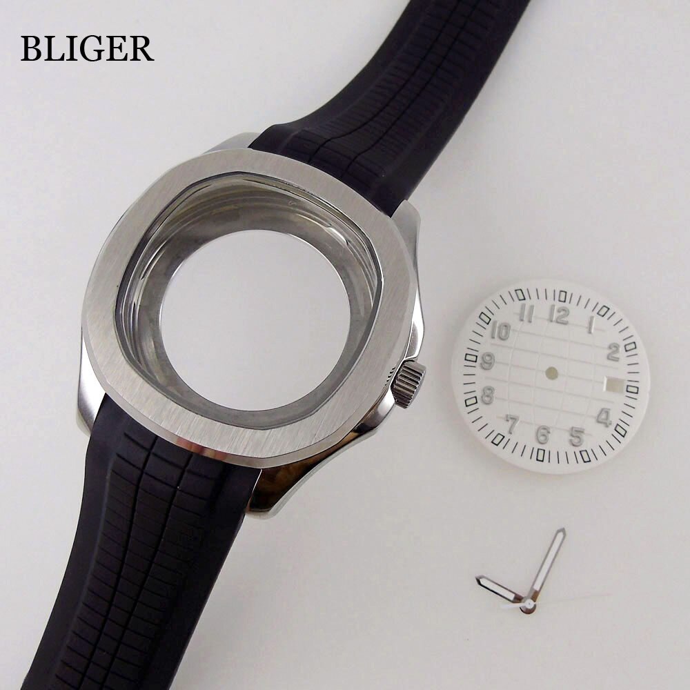 BLIGER 40mm Square Watch Case fit NH35A Glass Back 33mm Dial Blue Rubber Strap