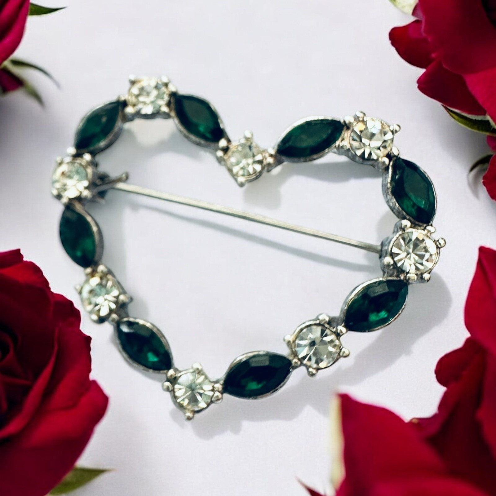 Heart Brooch Pin Open Silver Tone Green Navette Clear Chaton Rhinestone
