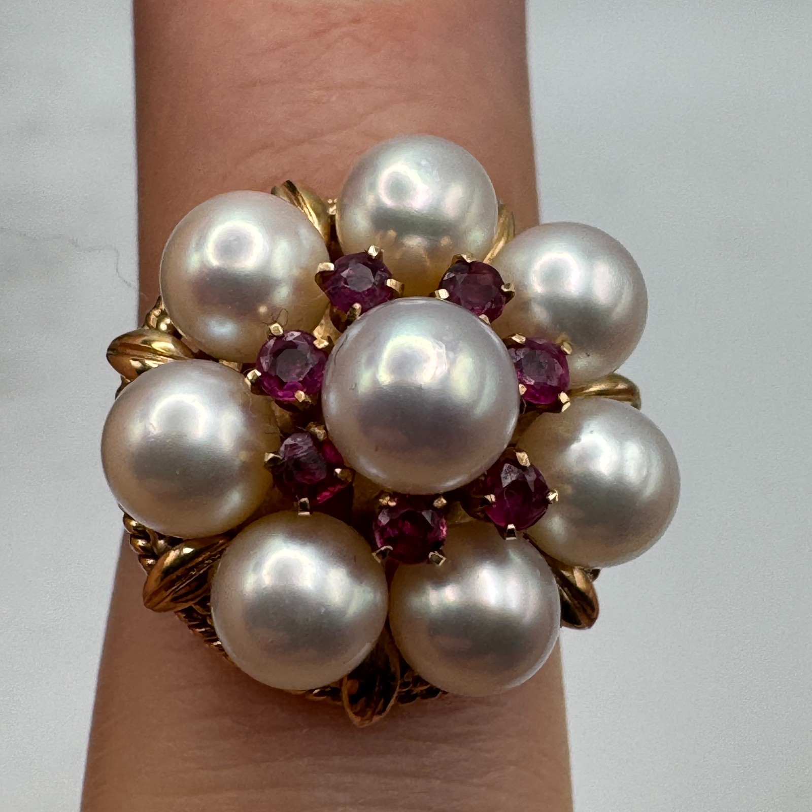 Solid 14k Gold Ring with Pearls and Rubies / Size 5 / 18.44 mm Wide / 6.88 Grams