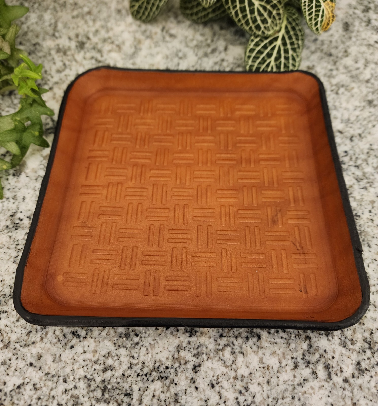 leather valet tray, embossed 8 oz tan leather catchall tray, organizer tray.