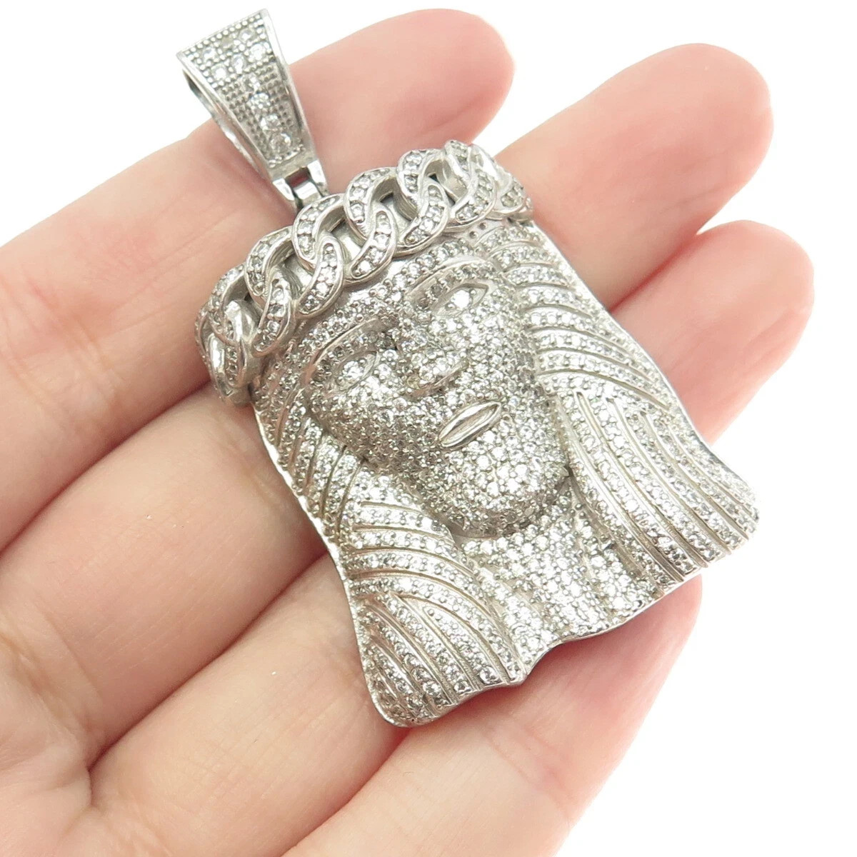 Iced-Out Jesus Face Pendant Necklace – Silver Tone Hip Hop Charm