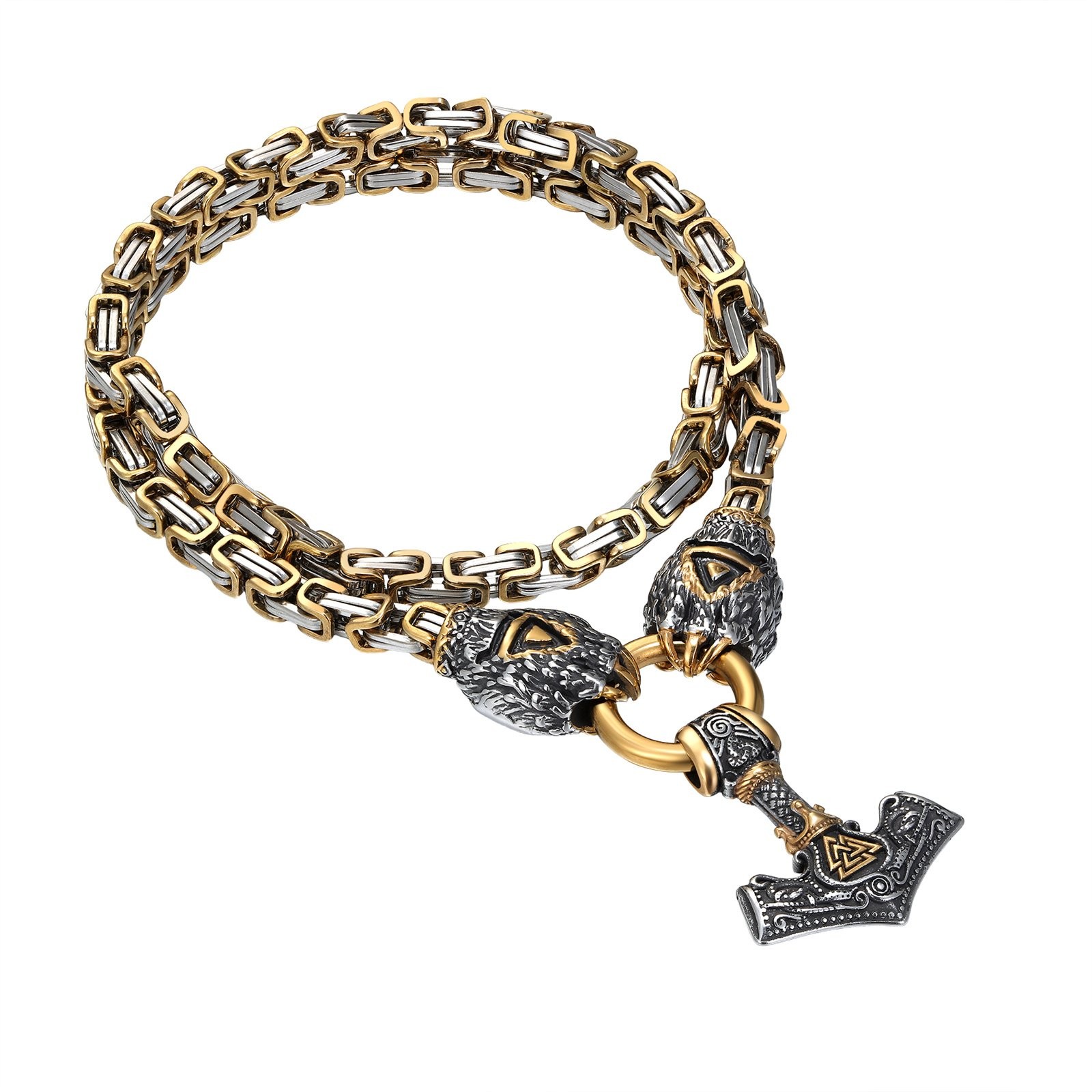 Men’s Viking Thor’s Hammer Stainless Steel Necklace Bear Claw Byzantine Chain
