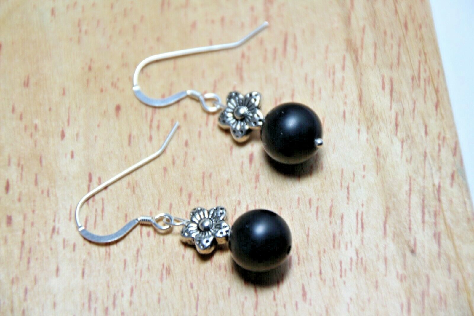 Graphite Black 10mm Ball Natural Gemstone Earrings .925 Sterling Silver 1 1/2″