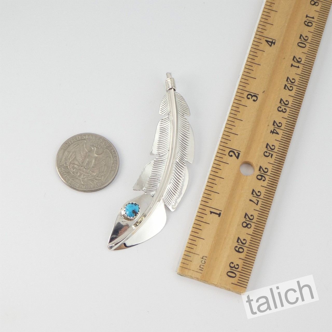 Navajo Billy Long Shiny Sterling Silver Blue Turquoise Large Feather Pendant
