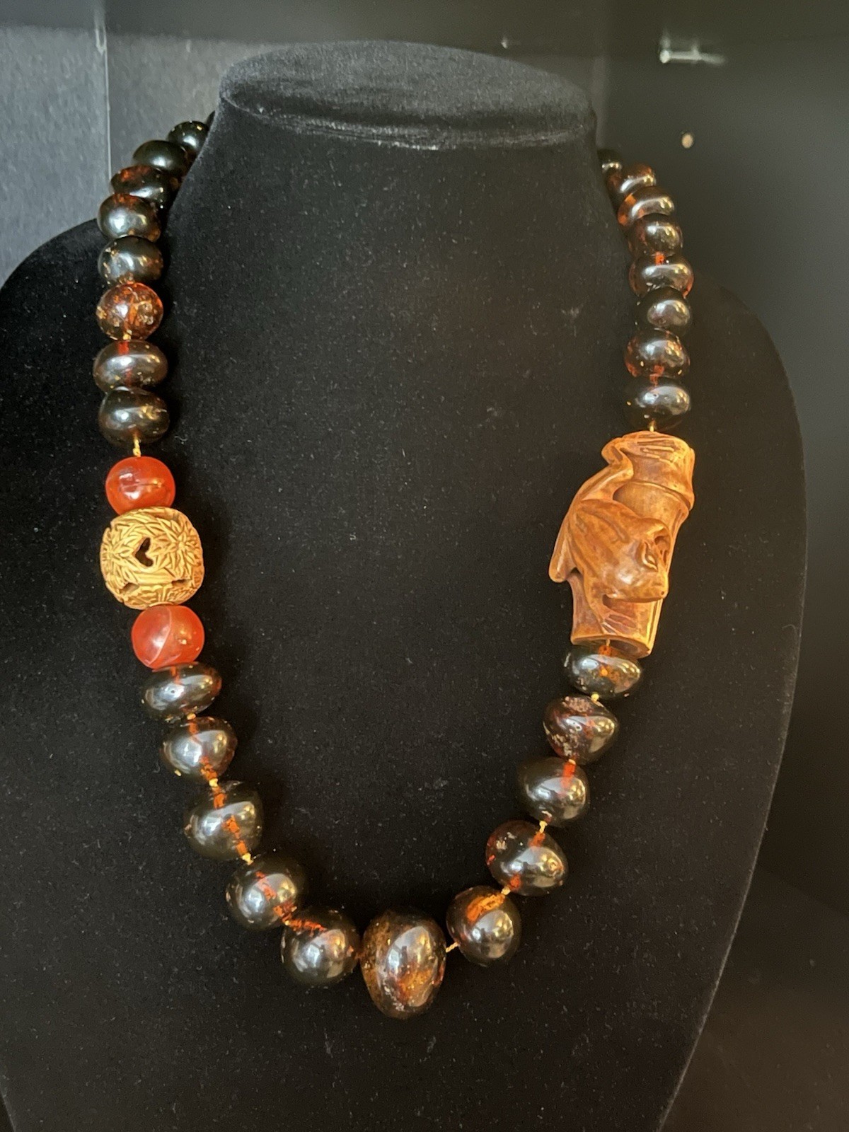 Baltic Amber Beaded Necklace Tied Nylon Cord with Carved Wood Frog/Floral Beads