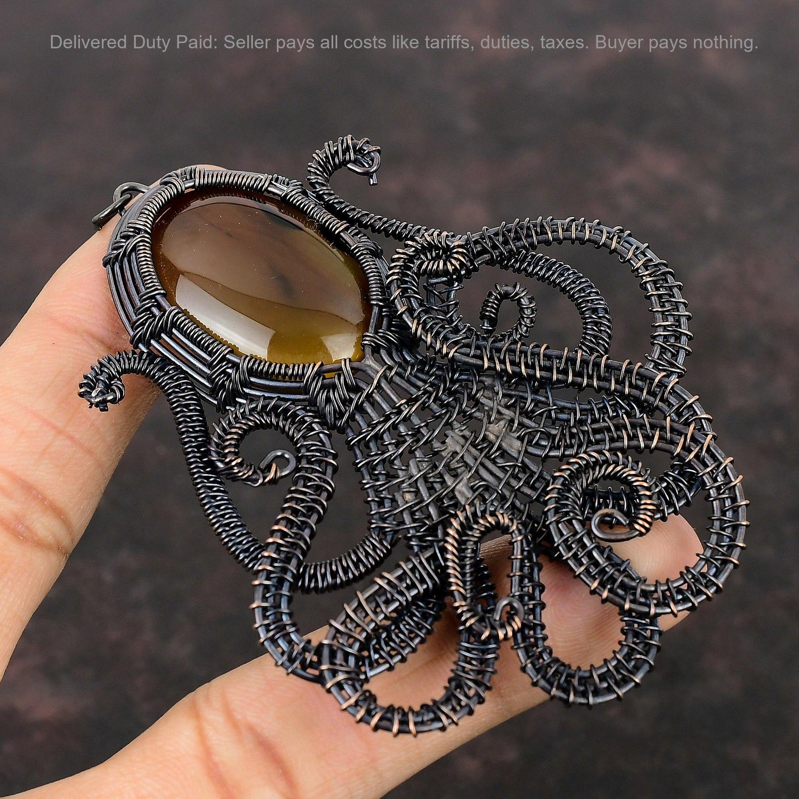 Oval Montana Agate Stone Art Deco New Wire Wrapped Octopus Mother Pendant Copper