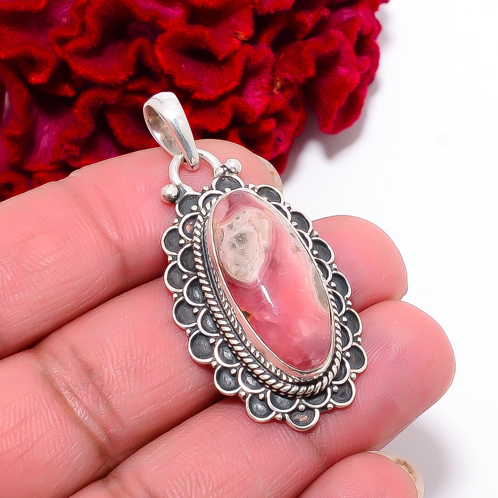 Rhodochrosite – Argentina Handmade 925 Sterling Silver Pendant 1.87″ P99916