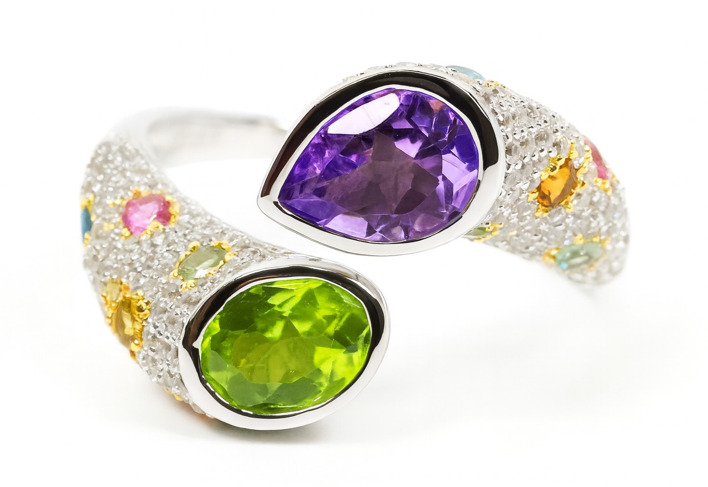 Sterling Silver 925 Amethyst Peridot Tourmaline Two Tone Gemstone Ring US6.5 – 8